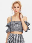 Romwe Cold Shoulder Gingham Ruffle Crop Top