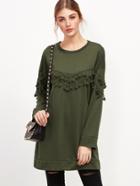 Romwe Army Green Drop Shoulder Fringe Trim Long Sweatshirt