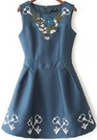 Romwe Navy Sleeveless Bead Embroidered Flare Dress