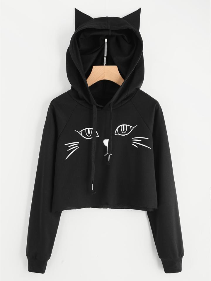 Romwe Cat Print Raglan Sleeve Crop Hoodie