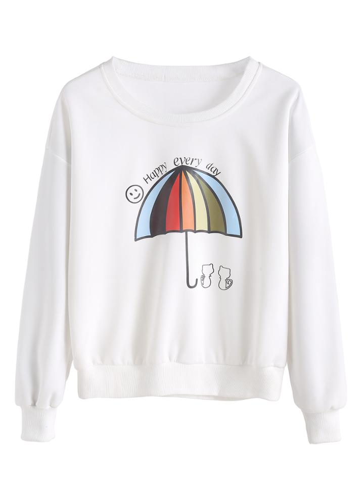 Romwe White Umbrella Print Drop Shoulder Sweatshirt