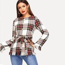 Romwe Frayed Trim Plaid Coat