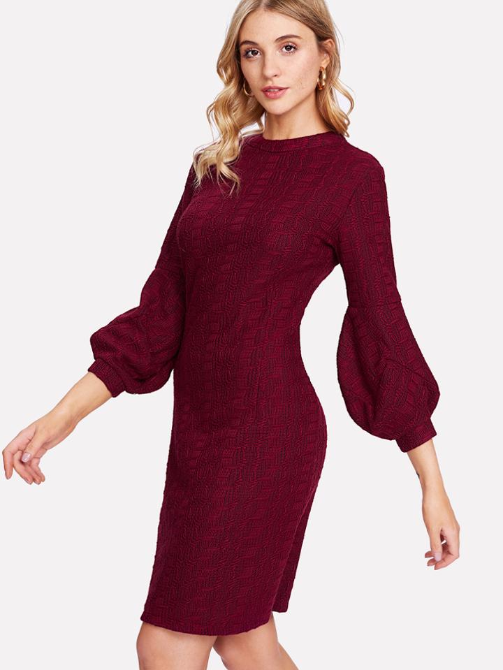 Romwe Lantern Sleeve Zip Up Back Dress
