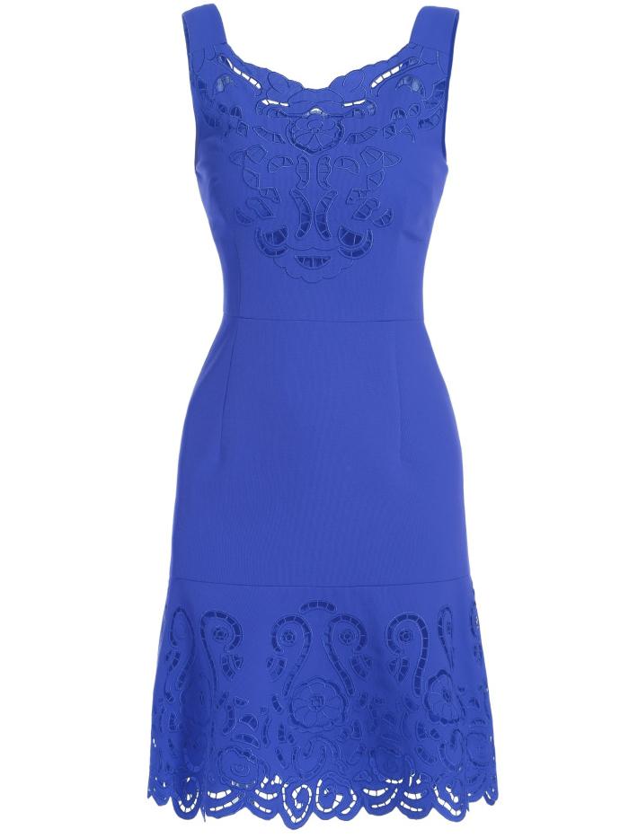 Romwe Blue Round Neck Sleeveless Hollow Embroidered Dress