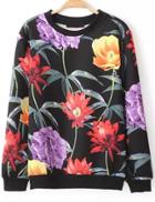 Romwe Floral Print Black Loose Sweatshirt