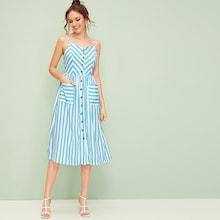 Romwe Striped Button Through Dual Pocket Cami Dress