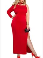 Romwe Plus Size One-shoulder Slit Maxi Dress - Red