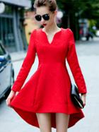 Romwe Red Long Sleeve Bow High Low Jacquard Pockets Dress