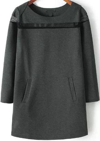 Romwe Hollow Grid Pockets Grey Dress