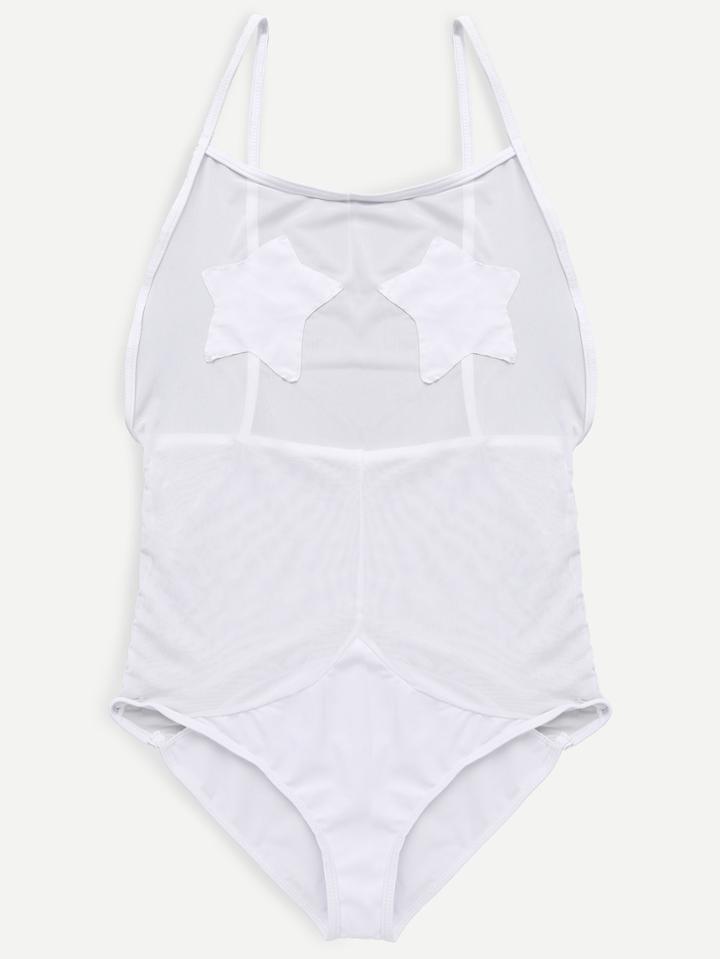 Romwe White Star Patch Mesh One Piece Swimwear