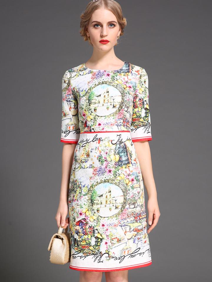 Romwe Multicolor Round Neck Half Sleeve Print Dress