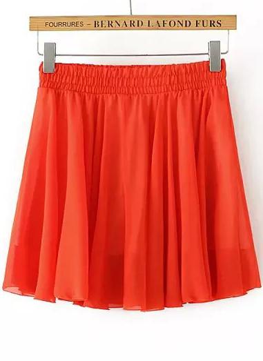 Romwe Orange Elastic Waist Pleated Chiffon Skirt