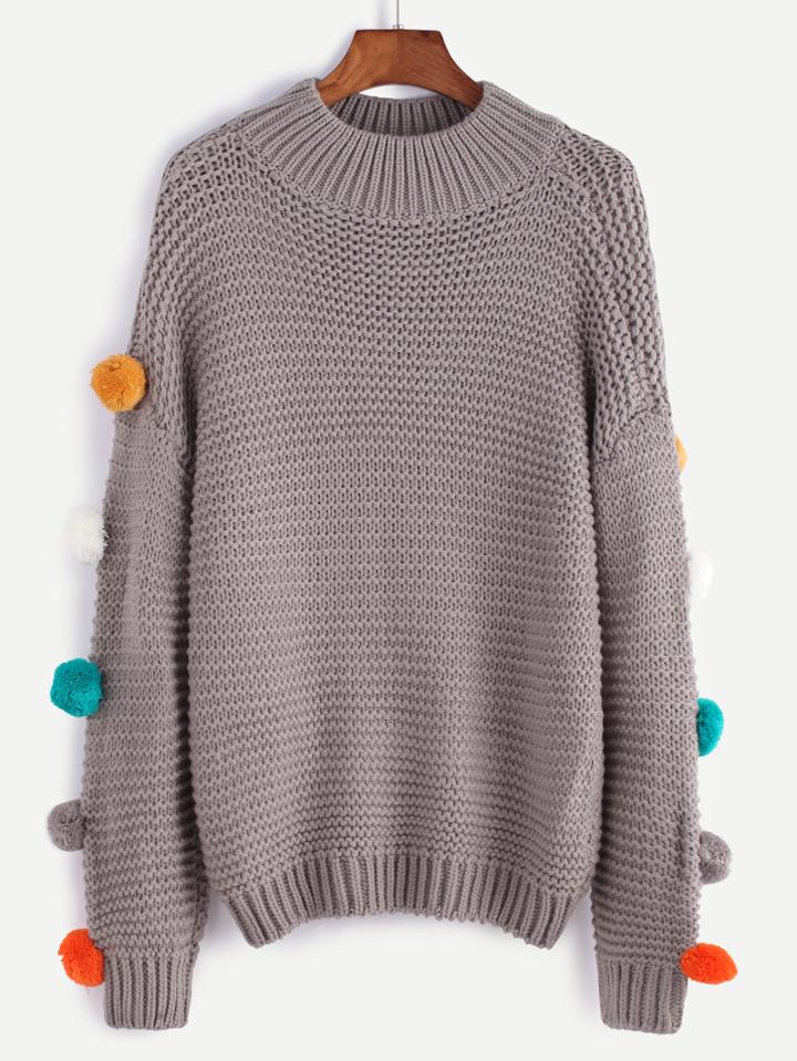 Romwe Grey Drop Shoulder Pom Pom Sweater