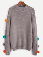 Romwe Grey Drop Shoulder Pom Pom Sweater