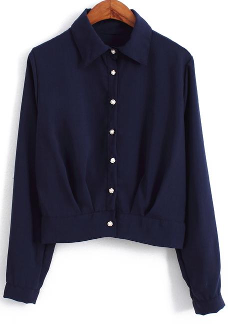 Romwe Lapel Crop Chiffon Black Blouse
