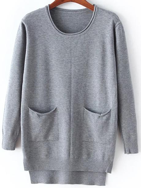 Romwe Dip Hem Split Side Grey Jersey Knitwear With Pockets