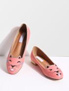 Romwe Pink Cat Embroidery Ballet Flats