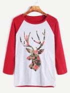 Romwe Color Block Deer Floral Print Sweatshirt