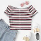 Romwe Striped Single Breasted Off The Shoulder Tee