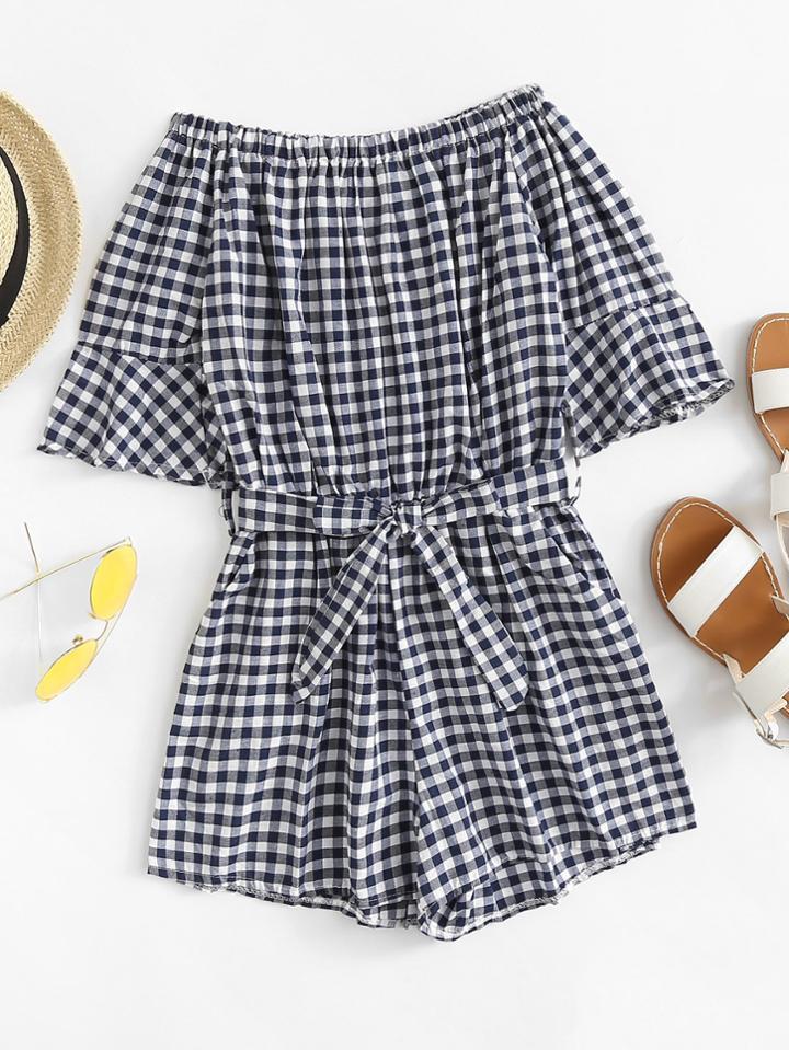 Romwe Off The Shoulder Gingham Romper