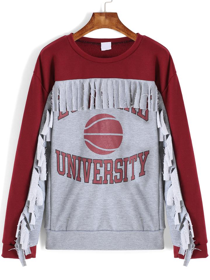 Romwe Colour-block Letters Ball Print Tassel Sweatshirt