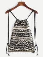Romwe Black And Beige Canvas Geometric Bucket Backpack With Rope Strap