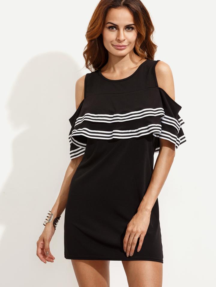 Romwe Black Open Shoulder Striped Ruffled Dress