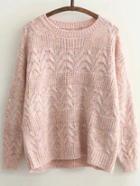 Romwe Pink Cable Knit Round Neck Drop Shoulder Sweater