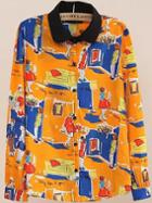 Romwe Contrast Collar Cartoon Characters Print Yellow Blouse