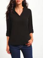 Romwe Black V Neck Dip Hem Blouse