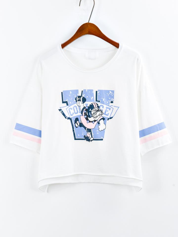 Romwe Cartoon Print Drop Sleeve Frayed T-shirt - White