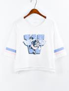 Romwe Cartoon Print Drop Sleeve Frayed T-shirt - White