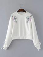 Romwe Tie Sleeve Embroidered Flower Sweatshirt