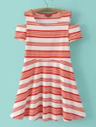 Romwe Red Cold Shoulder Stripe A-line Dress