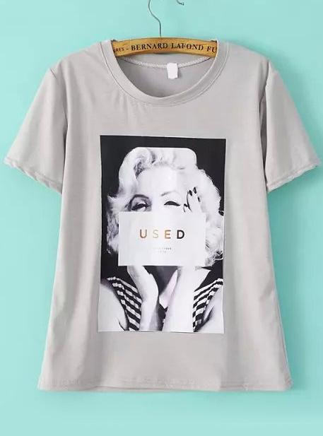 Romwe Monroe Print Grey T-shirt
