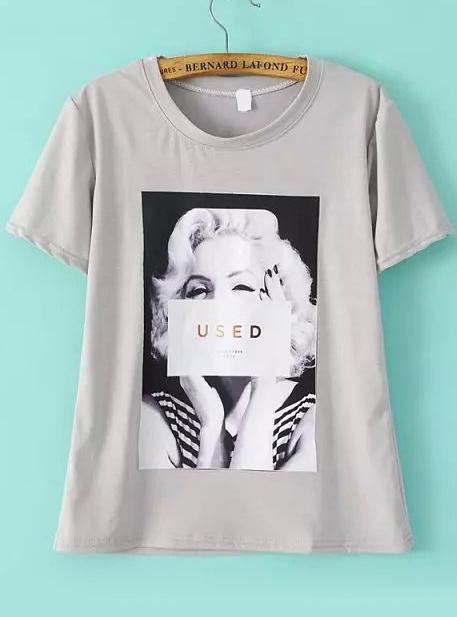 Romwe Monroe Print Grey T-shirt