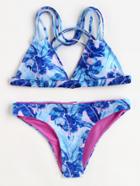 Romwe Jungle Print Twist Strappy Back Bikini Set