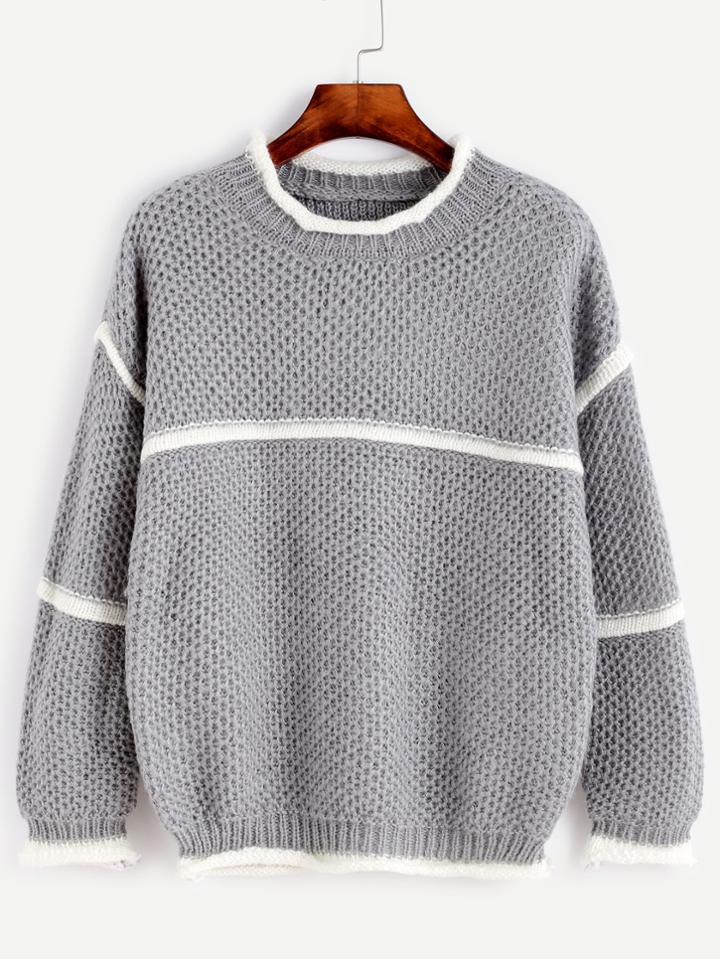 Romwe Grey Crew Neck Contrast Trim Drop Shoulder Sweater