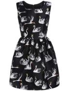 Romwe Sleeveless Swan Print Flare Black Dress