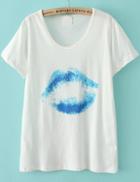 Romwe White Short Sleeve Blue Lip Print T-shirt
