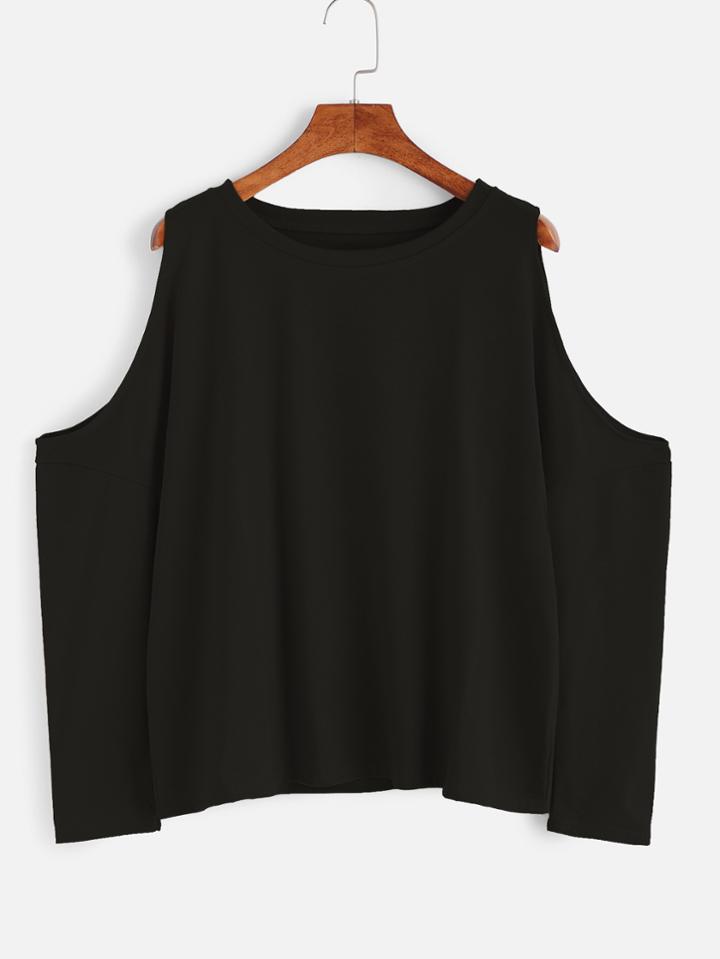 Romwe Black Open Shoulder Loose T-shirt