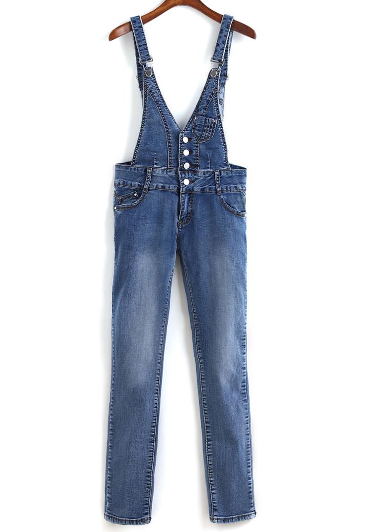Romwe Strap Single-breasted Bleached Denim Jumpsuit