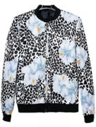 Romwe Florals Zipper Blue Jacket