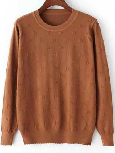 Romwe Round Neck Dotted Crochet Coffee Sweater