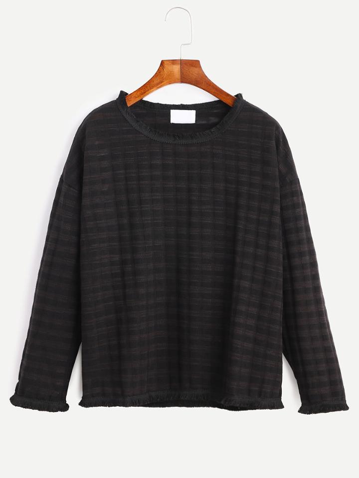 Romwe Drop Shoulder Fringe Trim Textured Sweatshirt