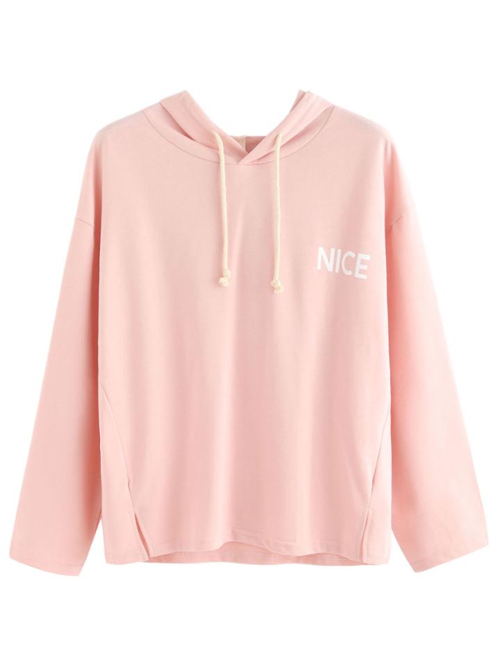 Romwe Pink Letter Print Drop Shoulder Drawstring Hooded Sweatshirt