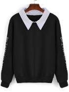 Romwe Contrast Collar Letter Embroidered Black Sweatshirt