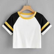Romwe Cut And Sew Varsity Striped Panel Crop Tee