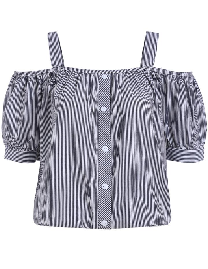 Romwe Off The Shoulder Vertical Striped Grey Top