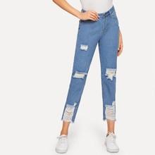 Romwe Raw Hem Ripped Detail Crop Jeans
